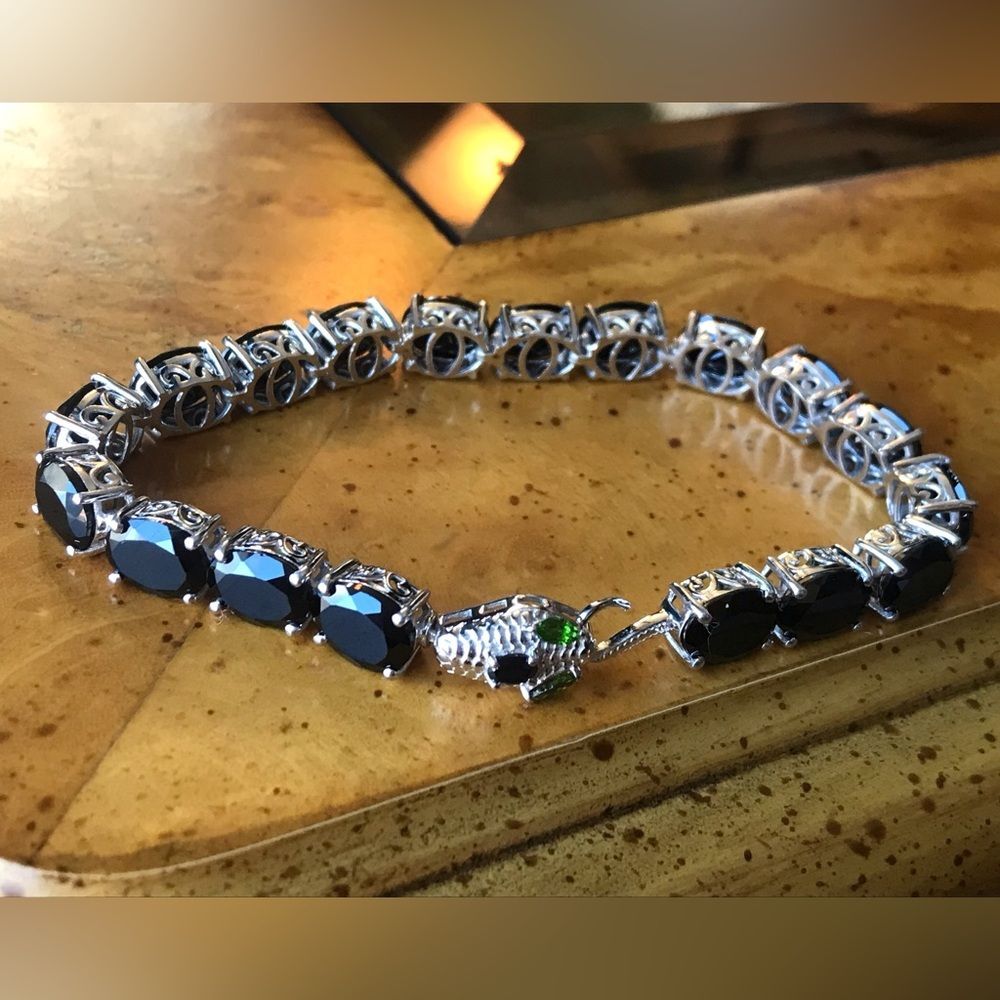 Natural Black Spinel Chrome Diopside Sterling Silver Snake Bracelet Size 7.25